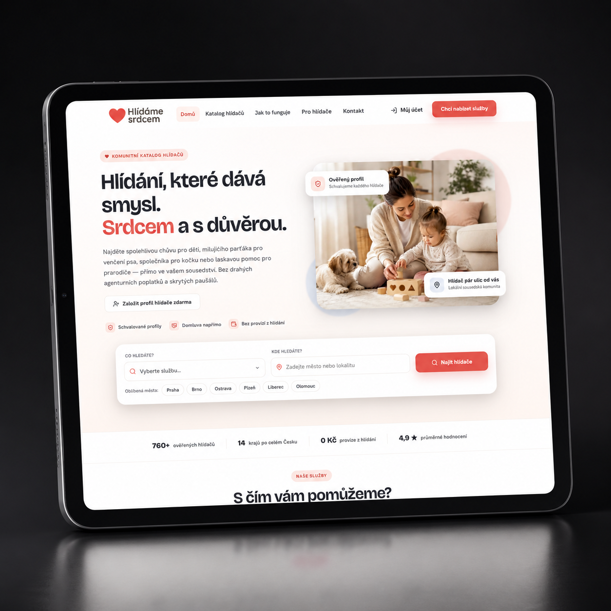Návrh webové platformy Hlídáme srdcem zobrazený na tabletu